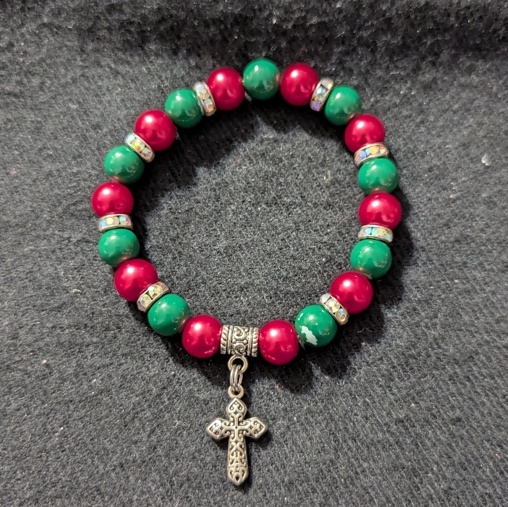 Silver Tone Red Green Beaded Clear Rhinestone Cross Charm Statement Bracelet